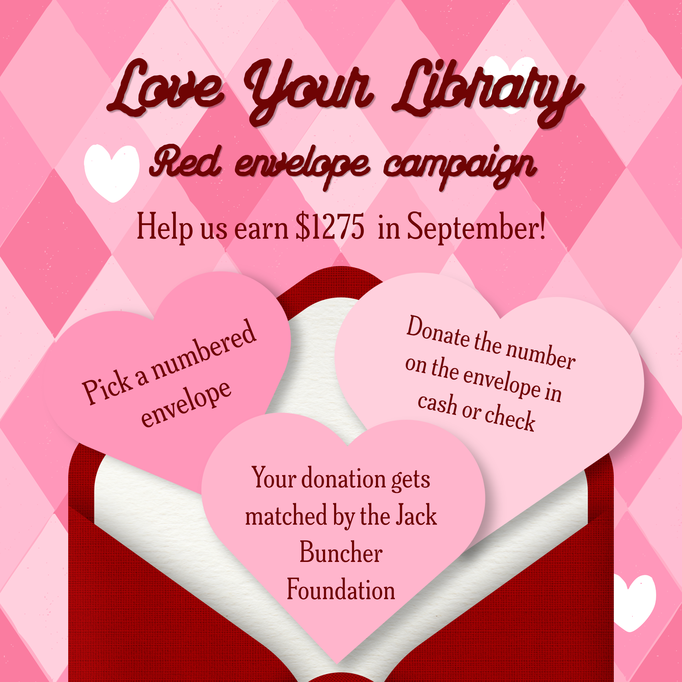 Love Your Library red envelope campaign. Help us earn $1275 in September! Pick a numbered envelope. Donate the number on the envelope in cash or check. Your donation gets matched by the Jack Buncher Foundation.